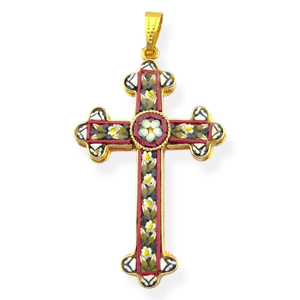 Vintage Italian Micro Mosaic Cross Pendant Floral Glass Italy Gold Tone 2.5in